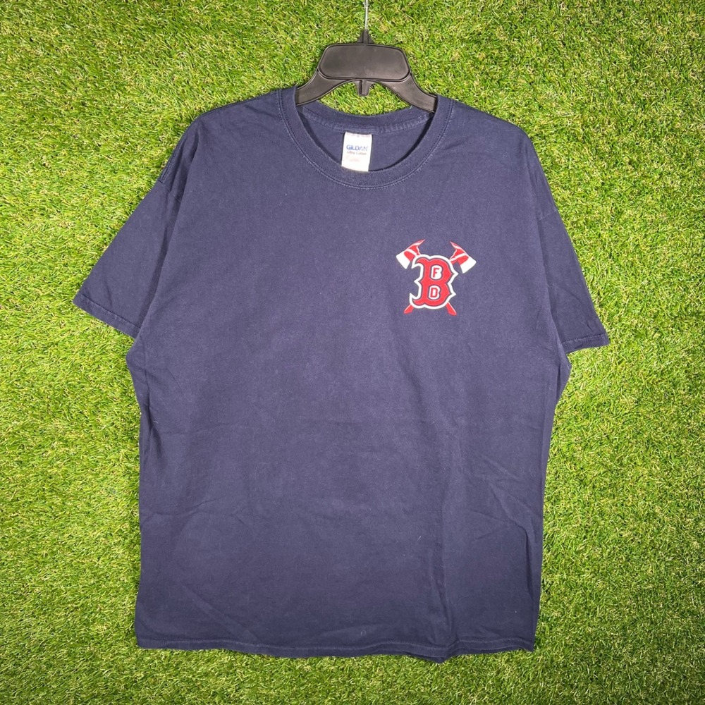 Gildan Mens Boston Fire Department Red Sox Style Graphic T-Shirt Navy Blue XL‎